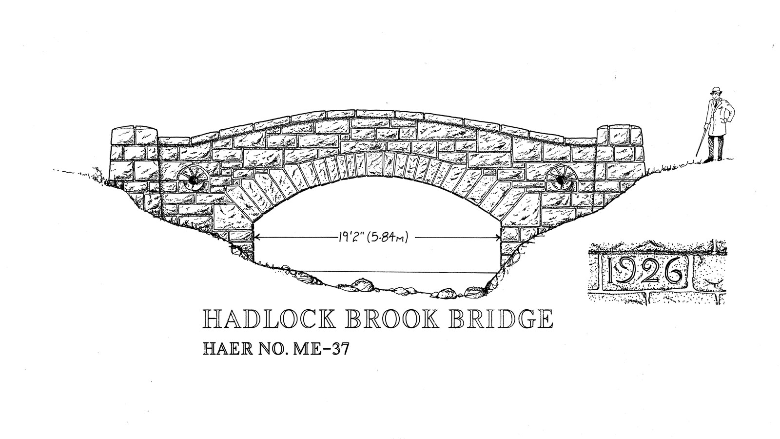 Line drawing of a masonry bridge along Acadia\'s historic carriage road system