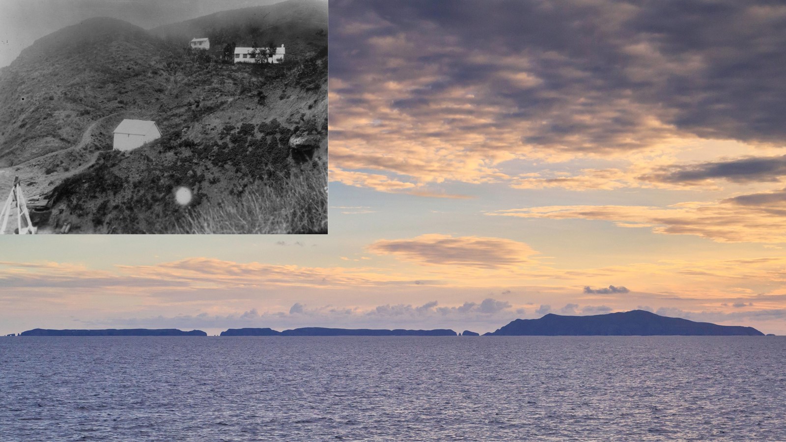 Three islets on the horizon. One is conical and the other two are flat.