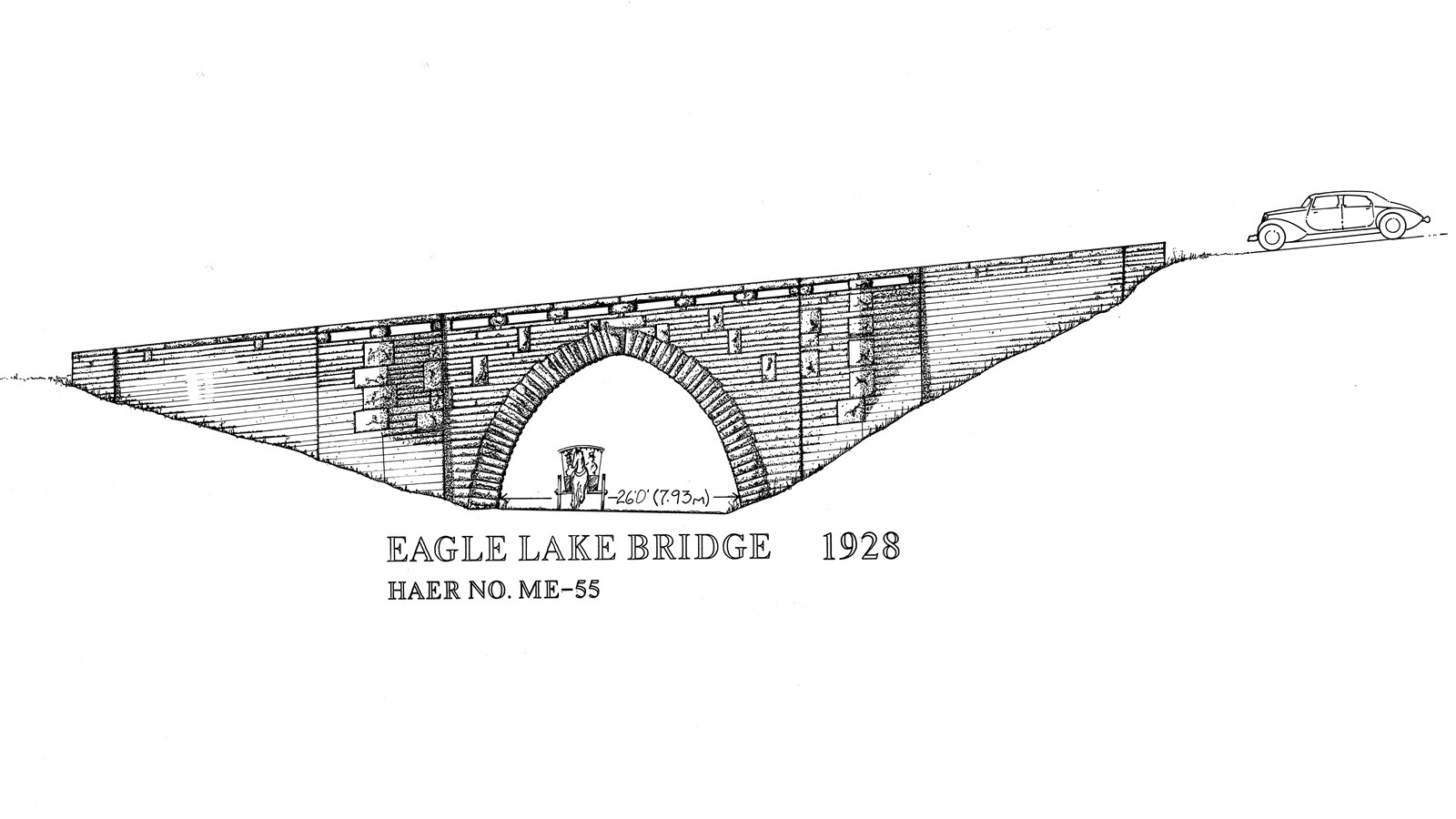 Line drawing of a masonry bridge along Acadia\'s historic carriage road system