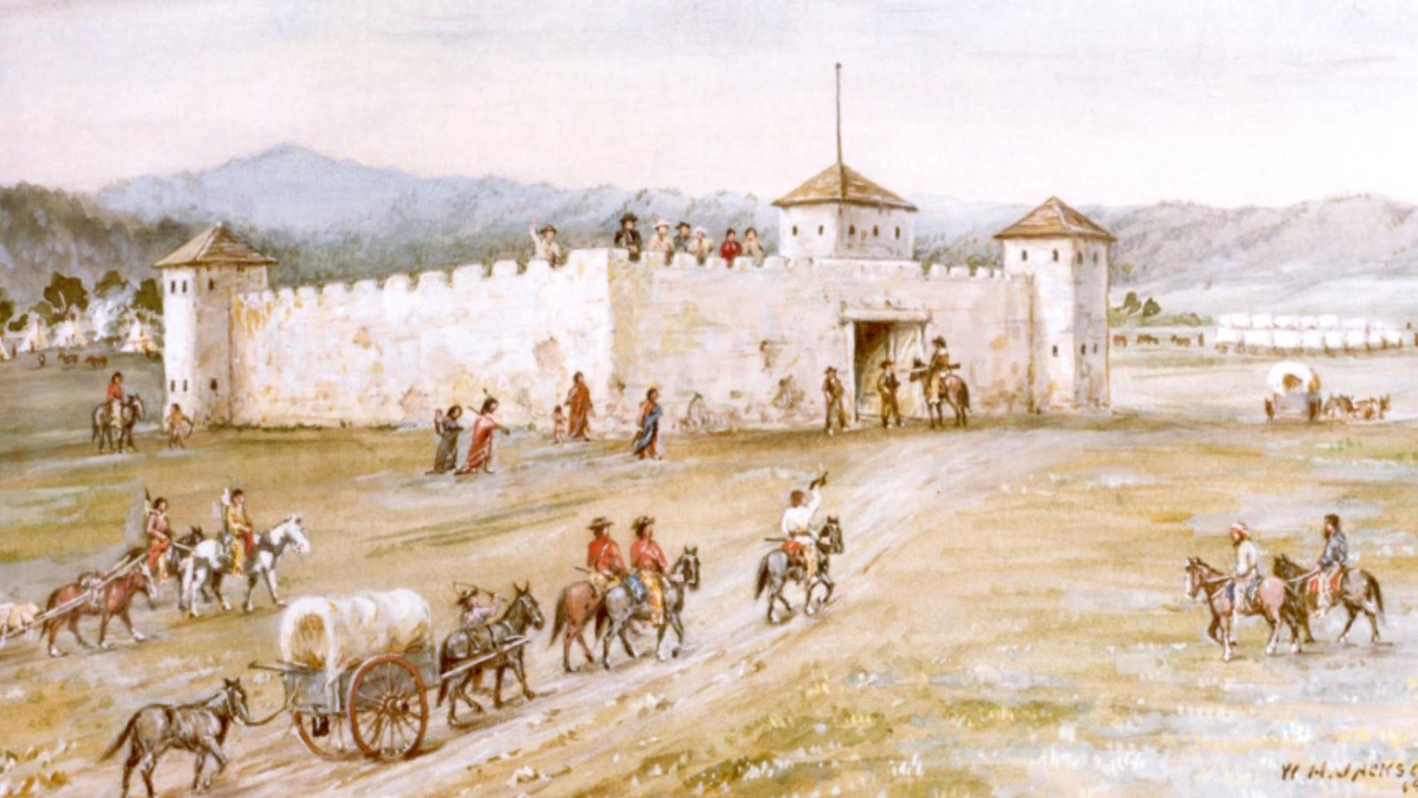Fortified wall with towers overlooks a road; people on the wall, riders, wagons, and a cart.