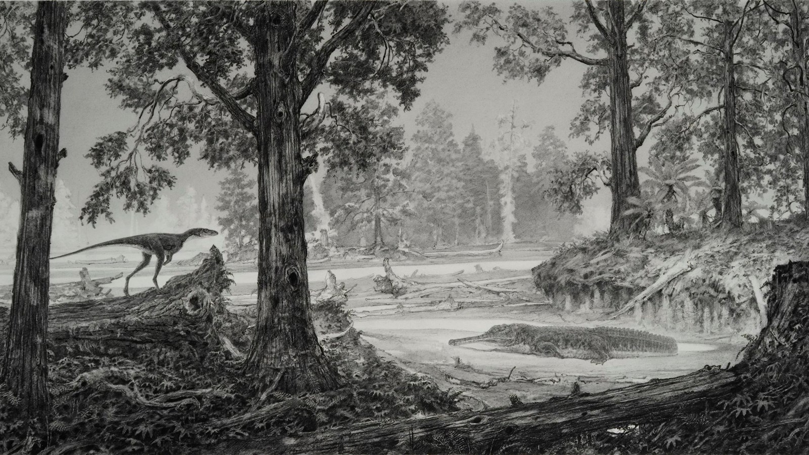 Triassic scene with trees and animals