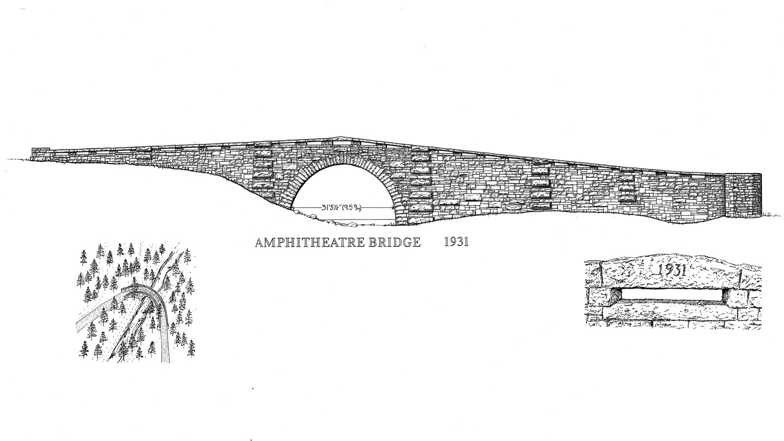 Line drawing of a masonry bridge along Acadia\'s historic carriage road system