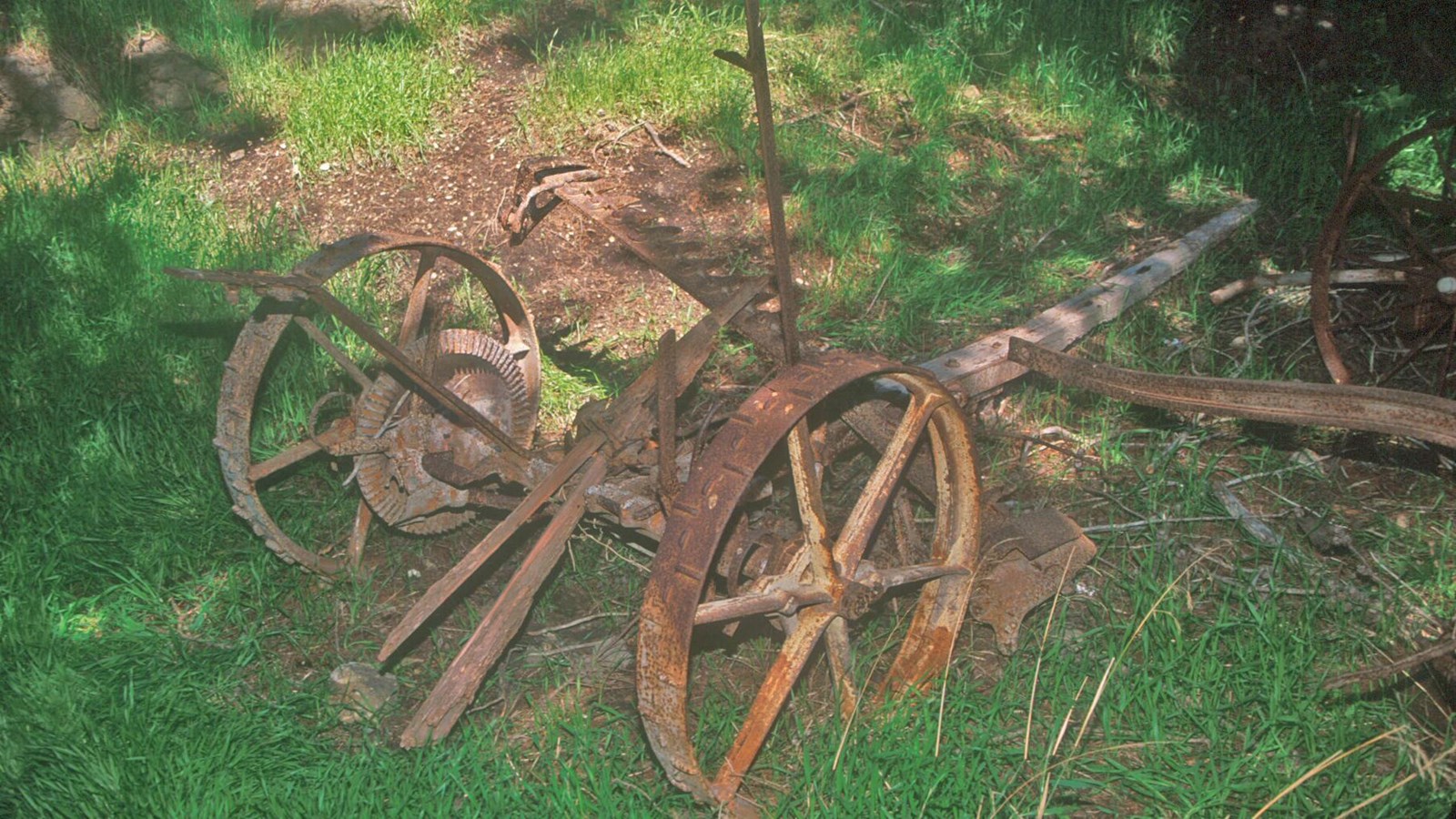 A series of three simple horse drawn mowers sit in the grass.
