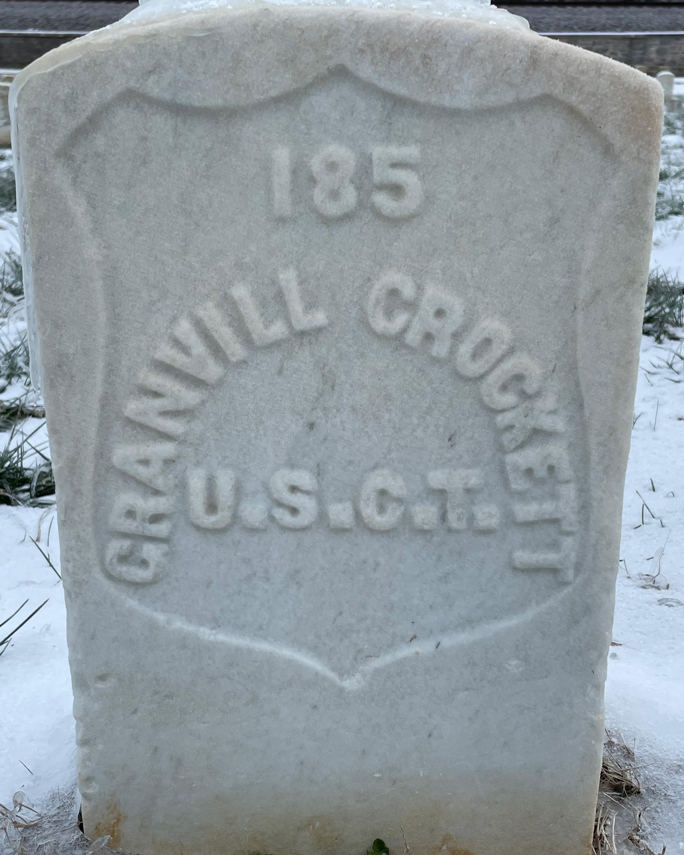 White marble military headstone of Granville Crockett.