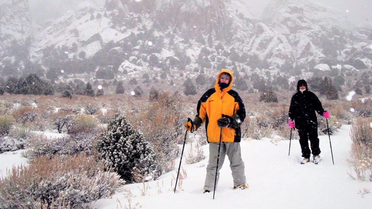 Two people snowshoeing during a snow storm in Castle Rocks