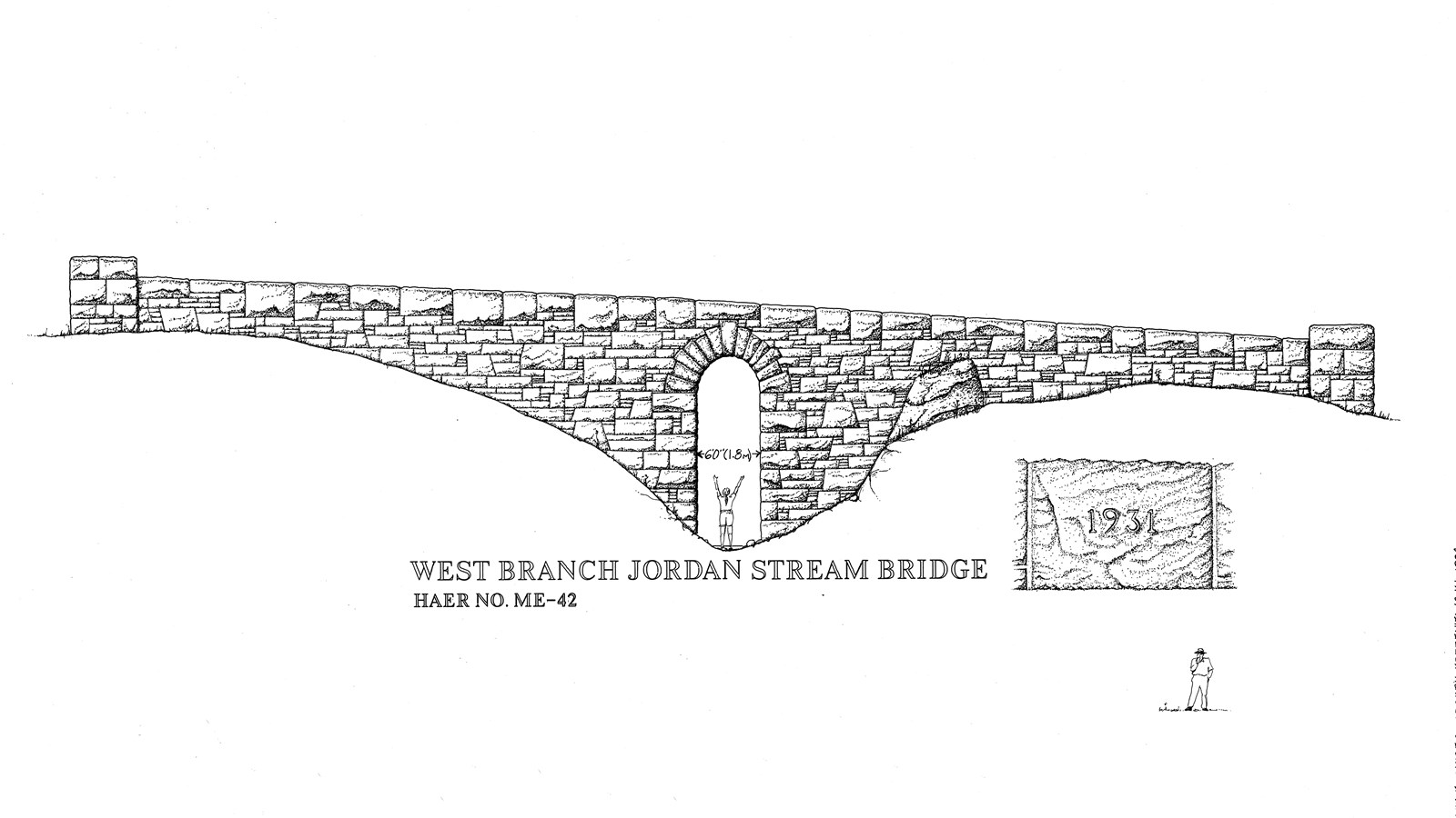 Line drawing of a masonry bridge along Acadia\'s historic carriage road system