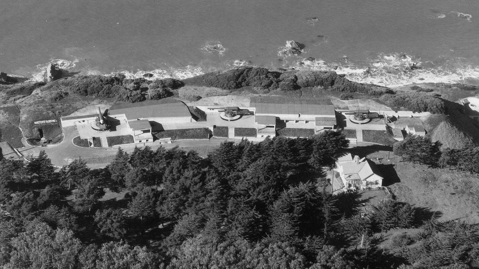 Black and white aerial image of Battery Godfrey.