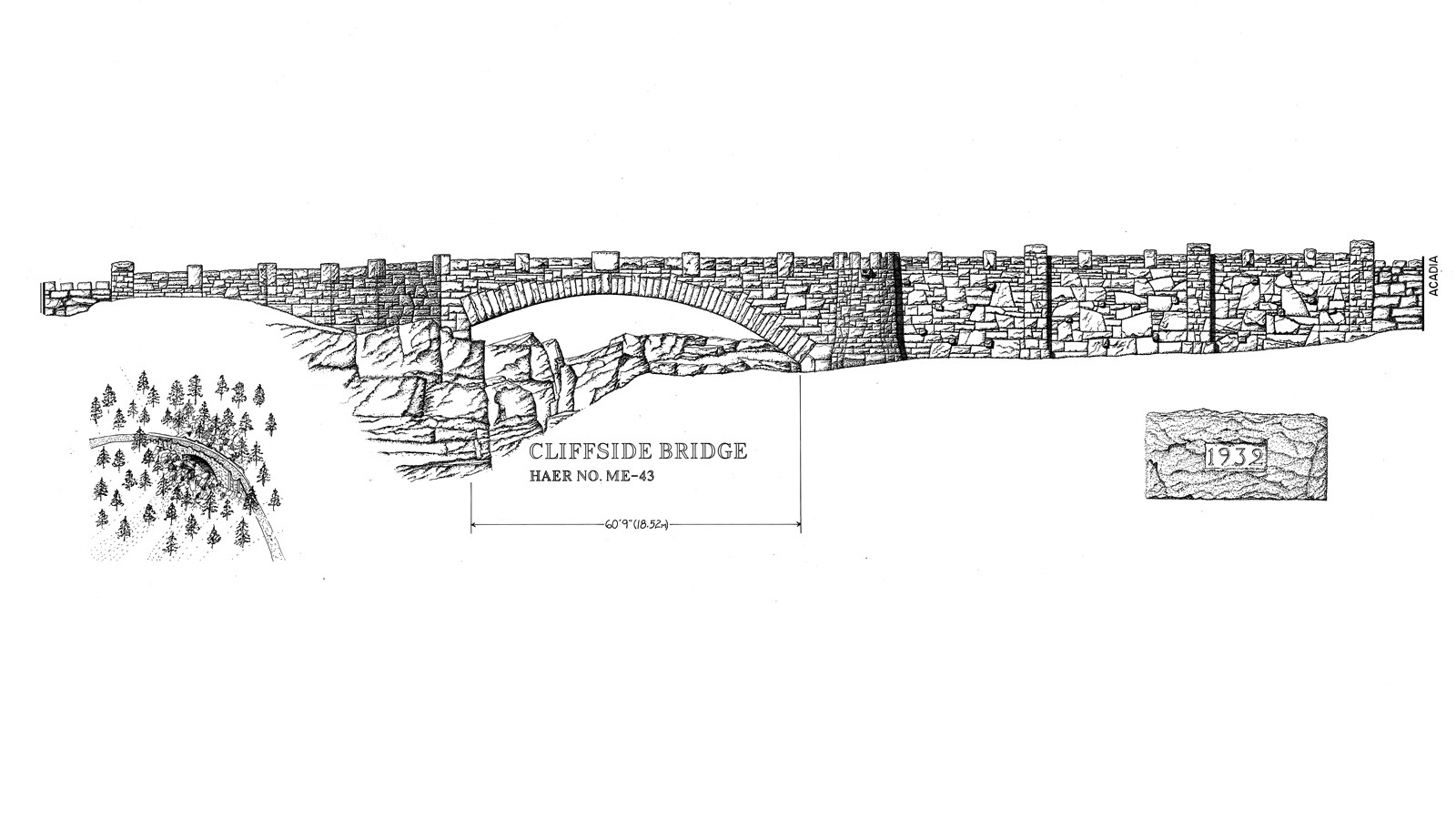 Line drawing of a masonry bridge along Acadia\'s historic carriage road system