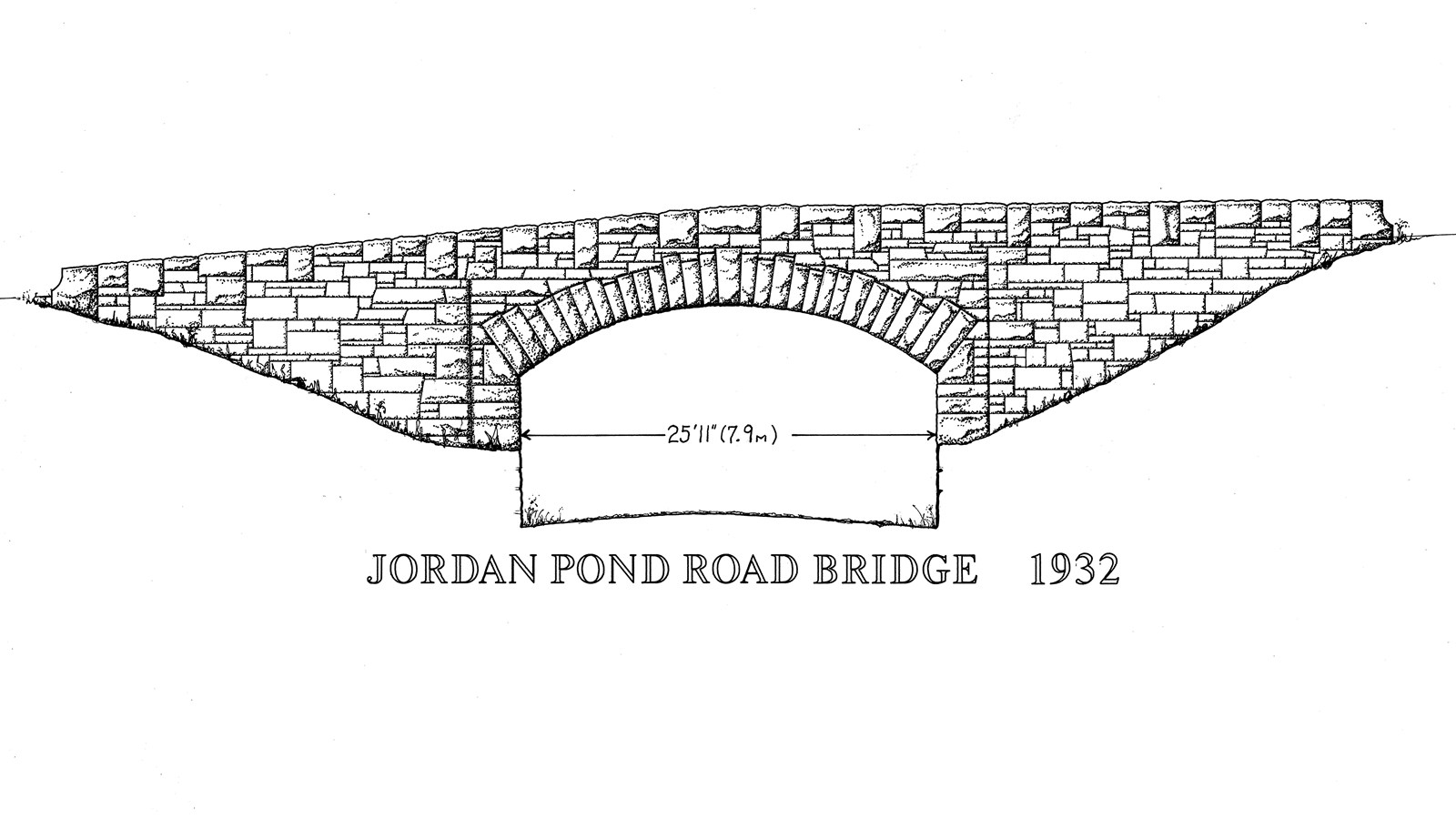 Line drawing of a masonry bridge along Acadia\'s historic carriage road system