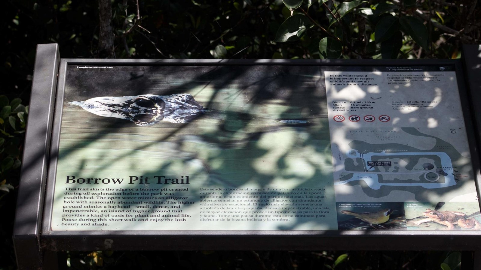 An interpretive sign in sun and shade. Sign features a large black alligator head, text and a map