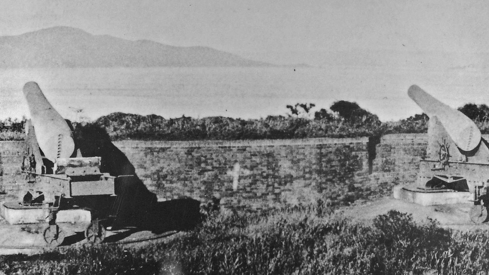 Black and white image of two cannons in Battery West. 