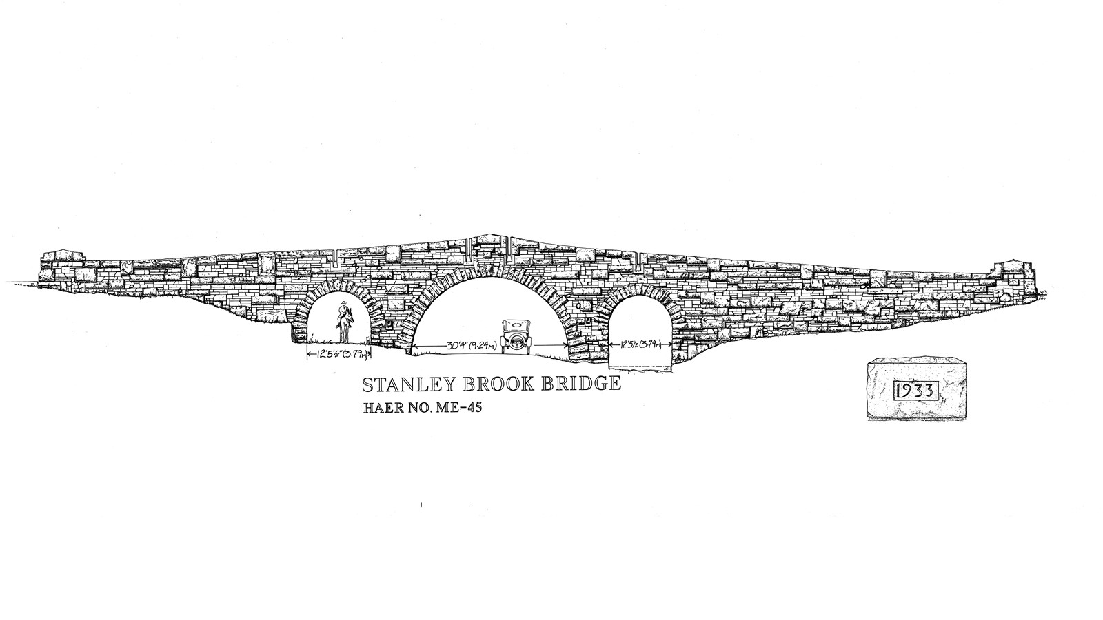 Line drawing of a masonry bridge along Acadia\'s historic carriage road system