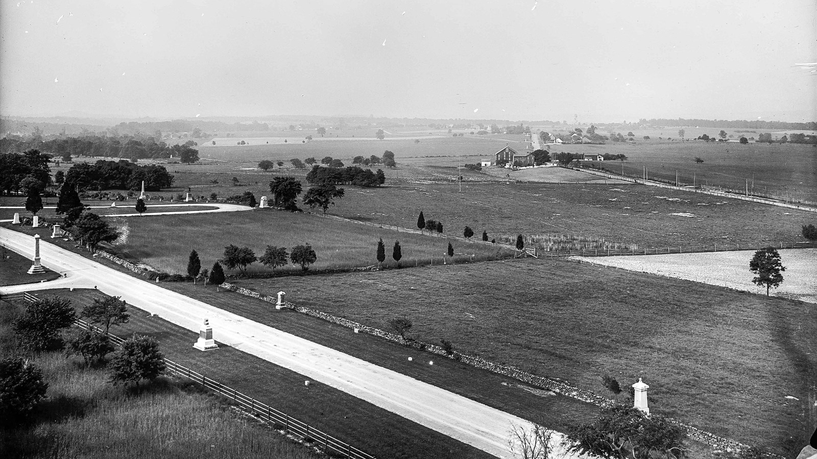 A black and white photograph of Cemetery Ridge from an Observation Tower.