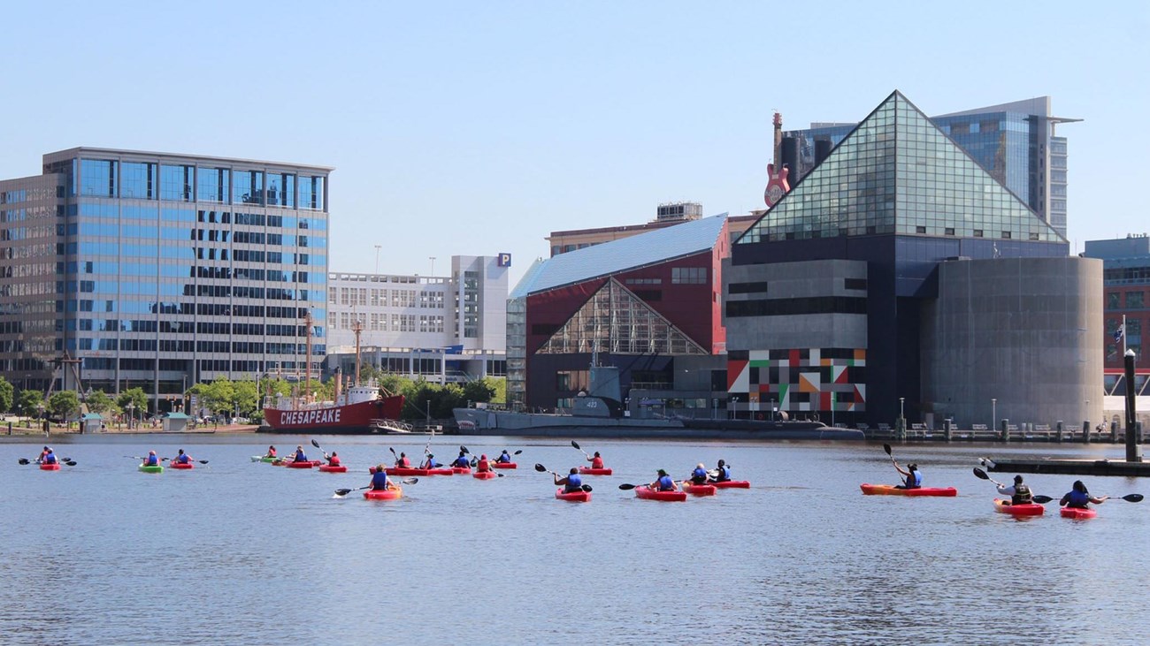 People kayaking in the inner harbor of Baltimore City
