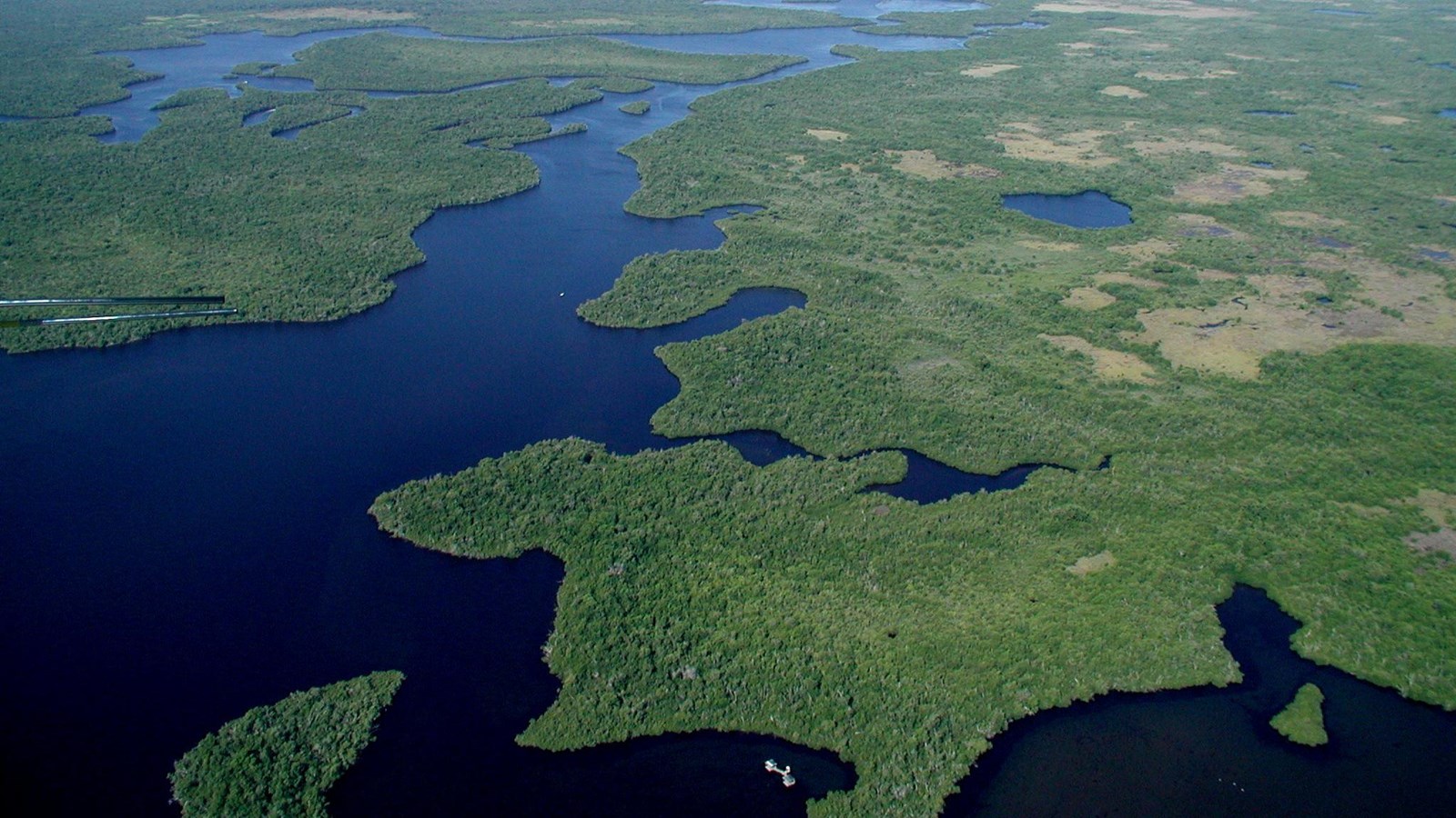 An aerial view of back country paddling trail, with meandering blue waters and green vegetation