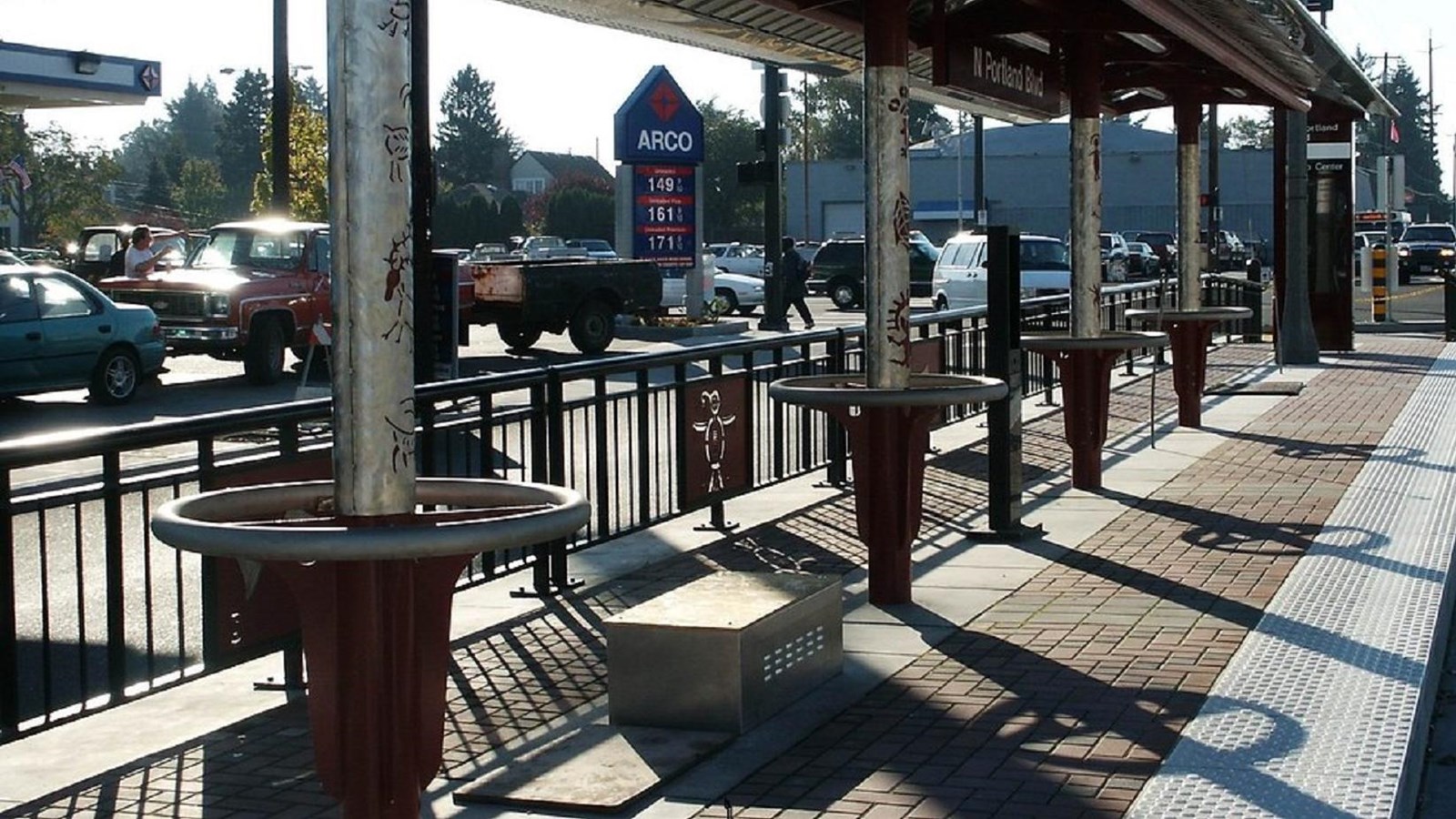 Native American symbols adorn columns, railway panels and benches