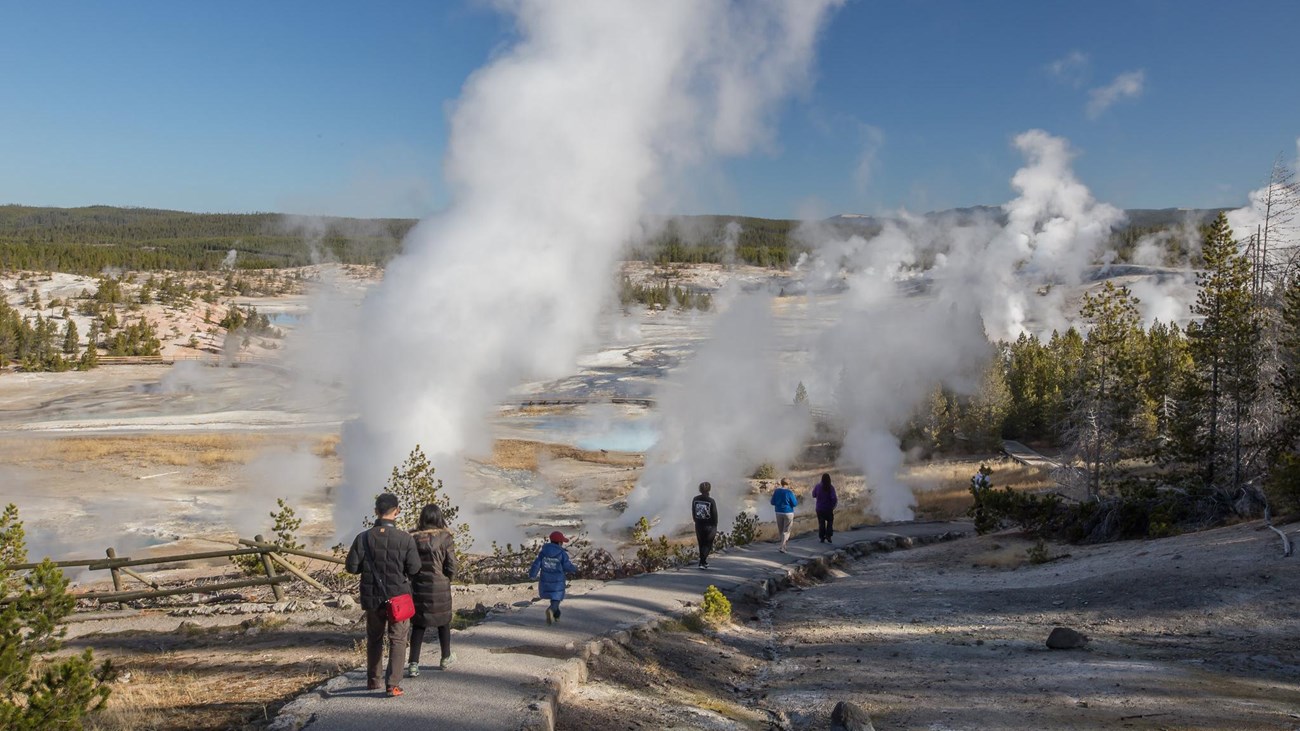 People walk down a trail towards a steaming geyser basin.