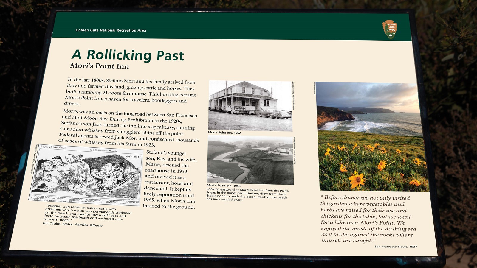 A photo of an outdoor exhibit with the title A Rollicking Past.