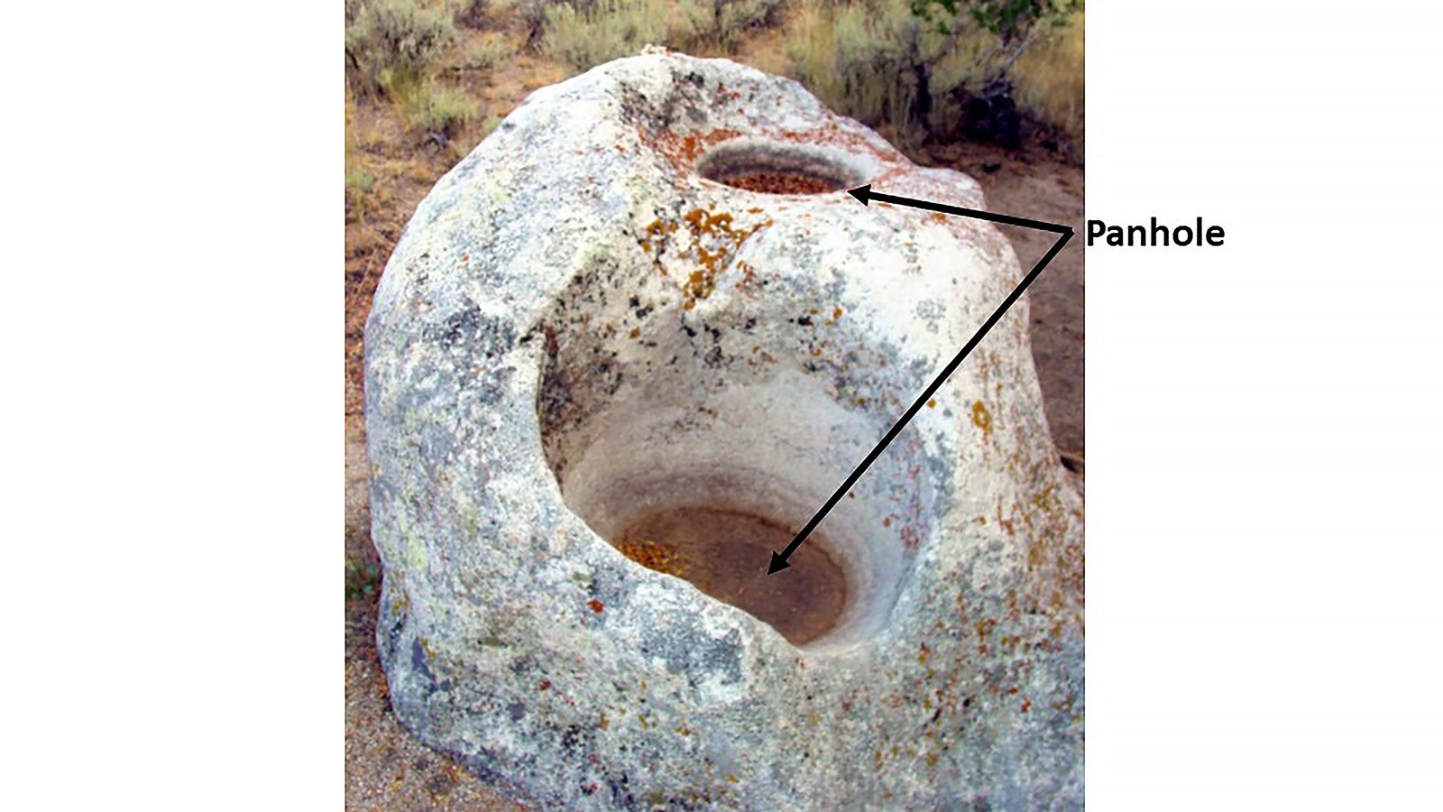 Two panholes in a large granite boulder.