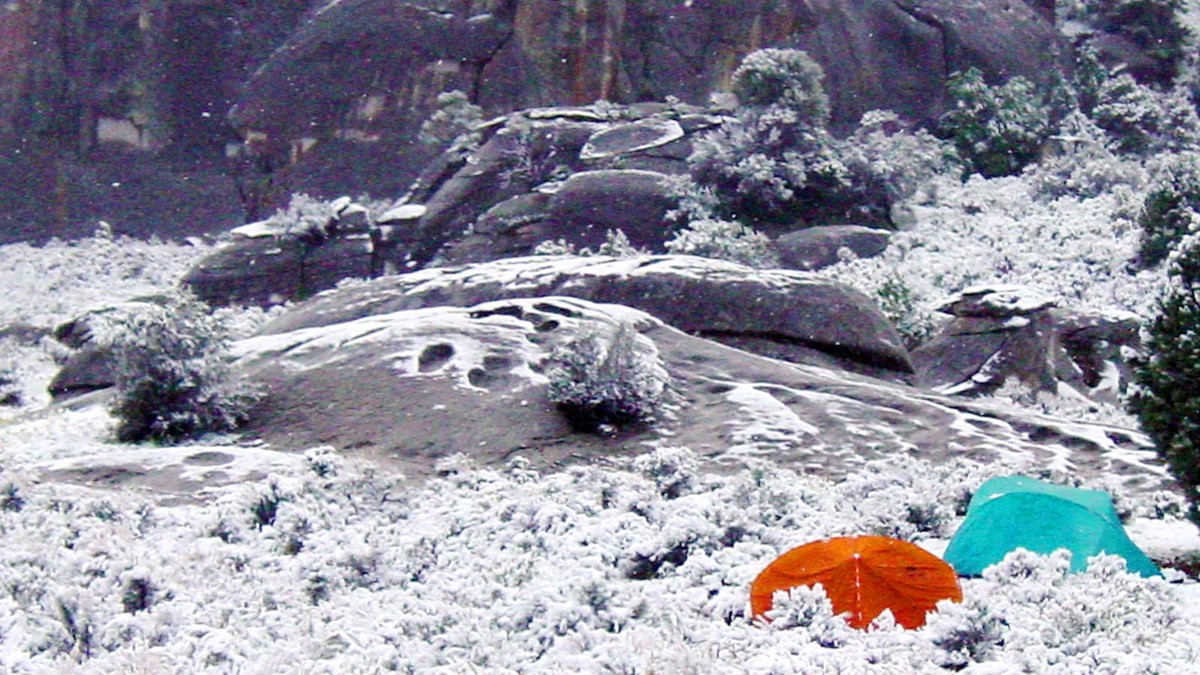 Two tents in the snow at a campsite in the City of Rocks.