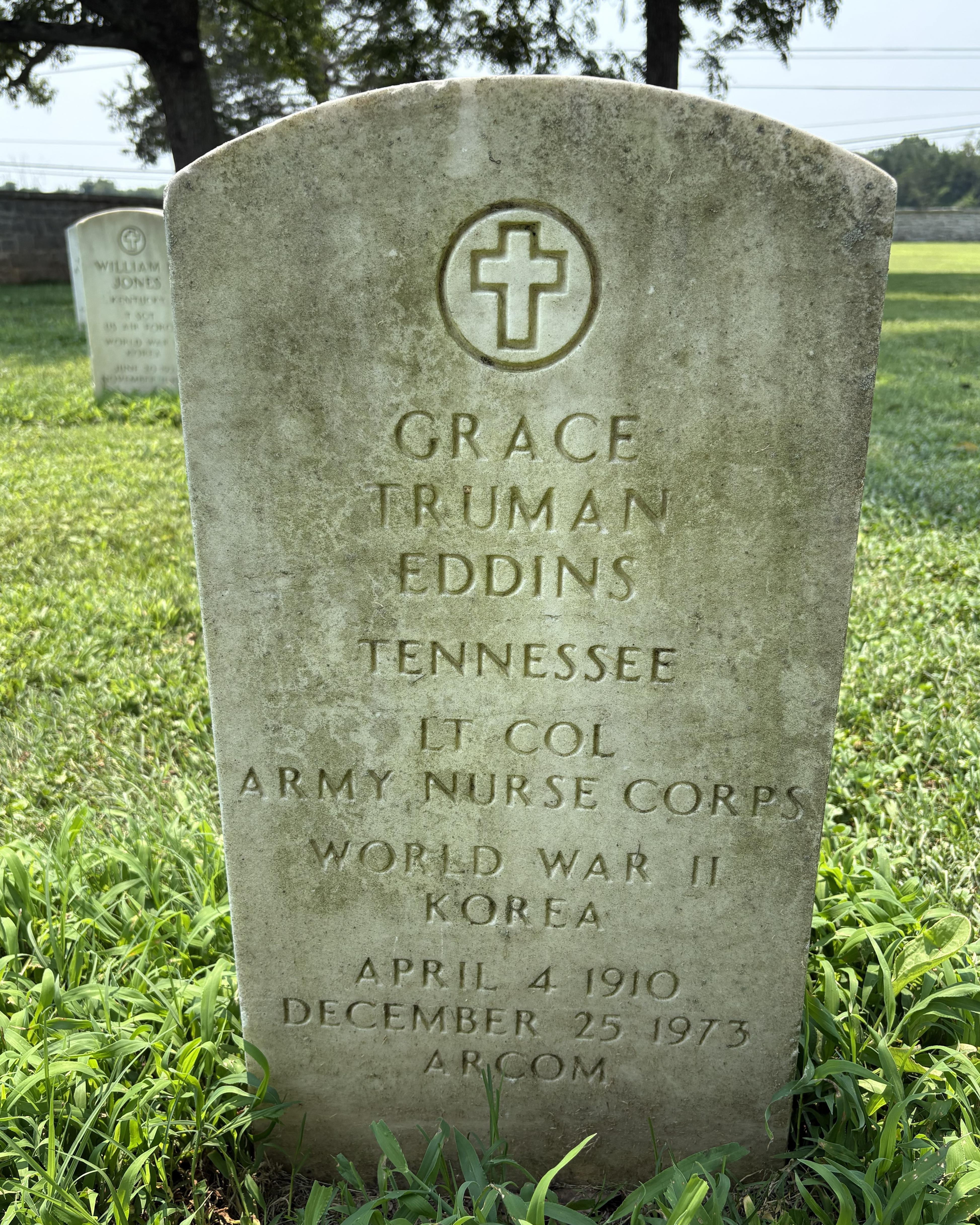 Marble headstone belonging to female veteran Grace Truman Eddins located in SRNC. 
