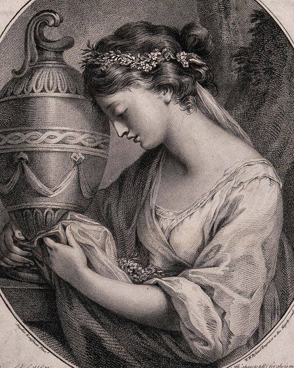 An engraving of a woman crying and embracing a funeral urn. 