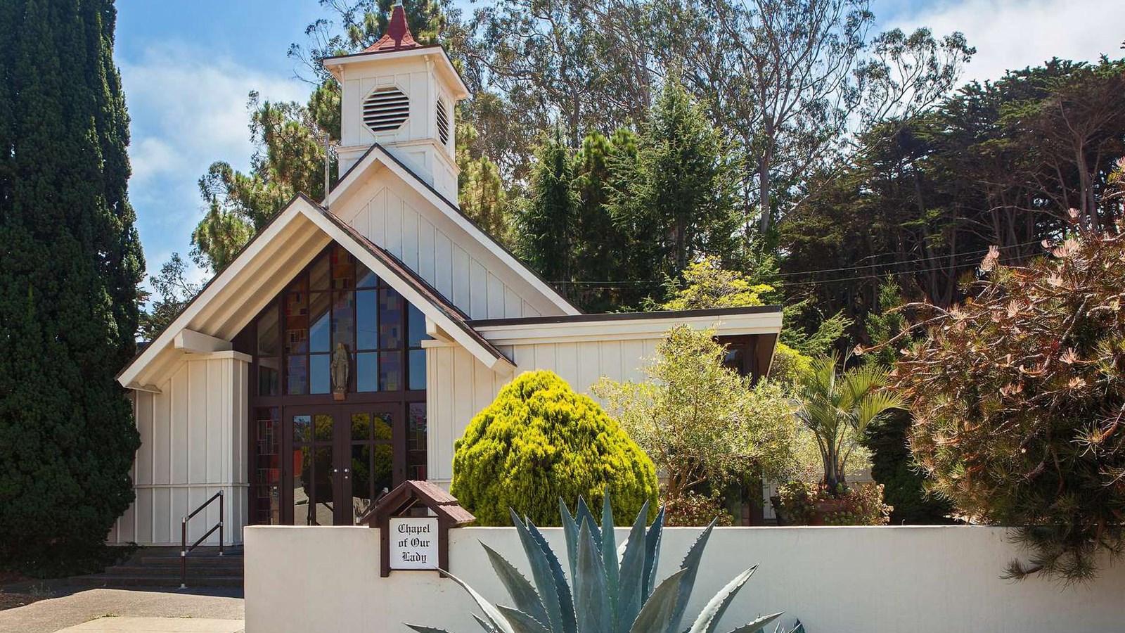 Exterior of the chapel and agave garden.