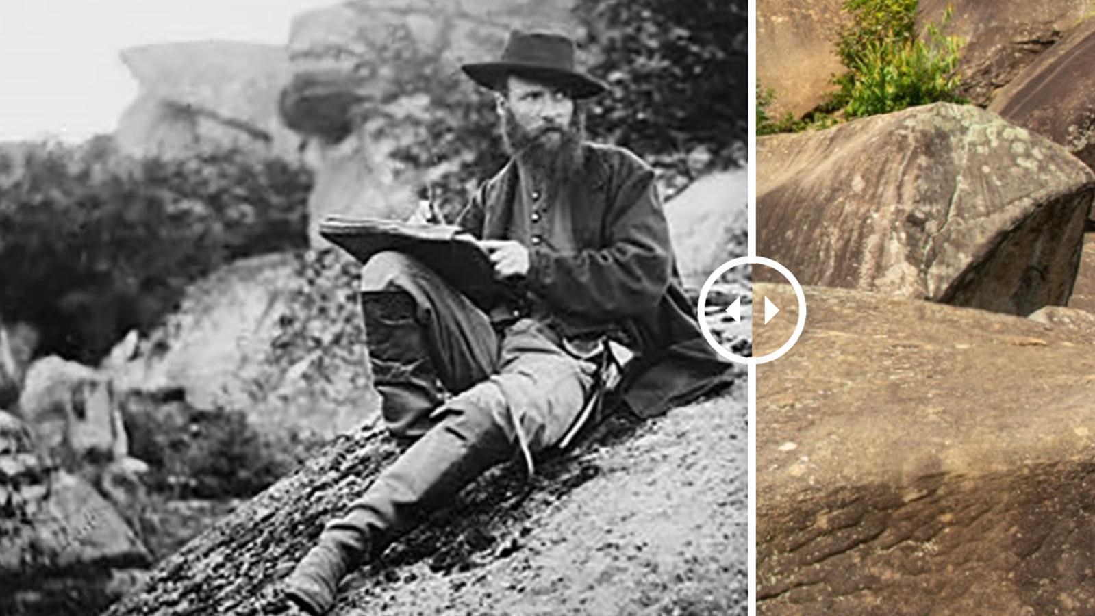 A historic photograph of a man sitting on the left with the modern location on the right half.