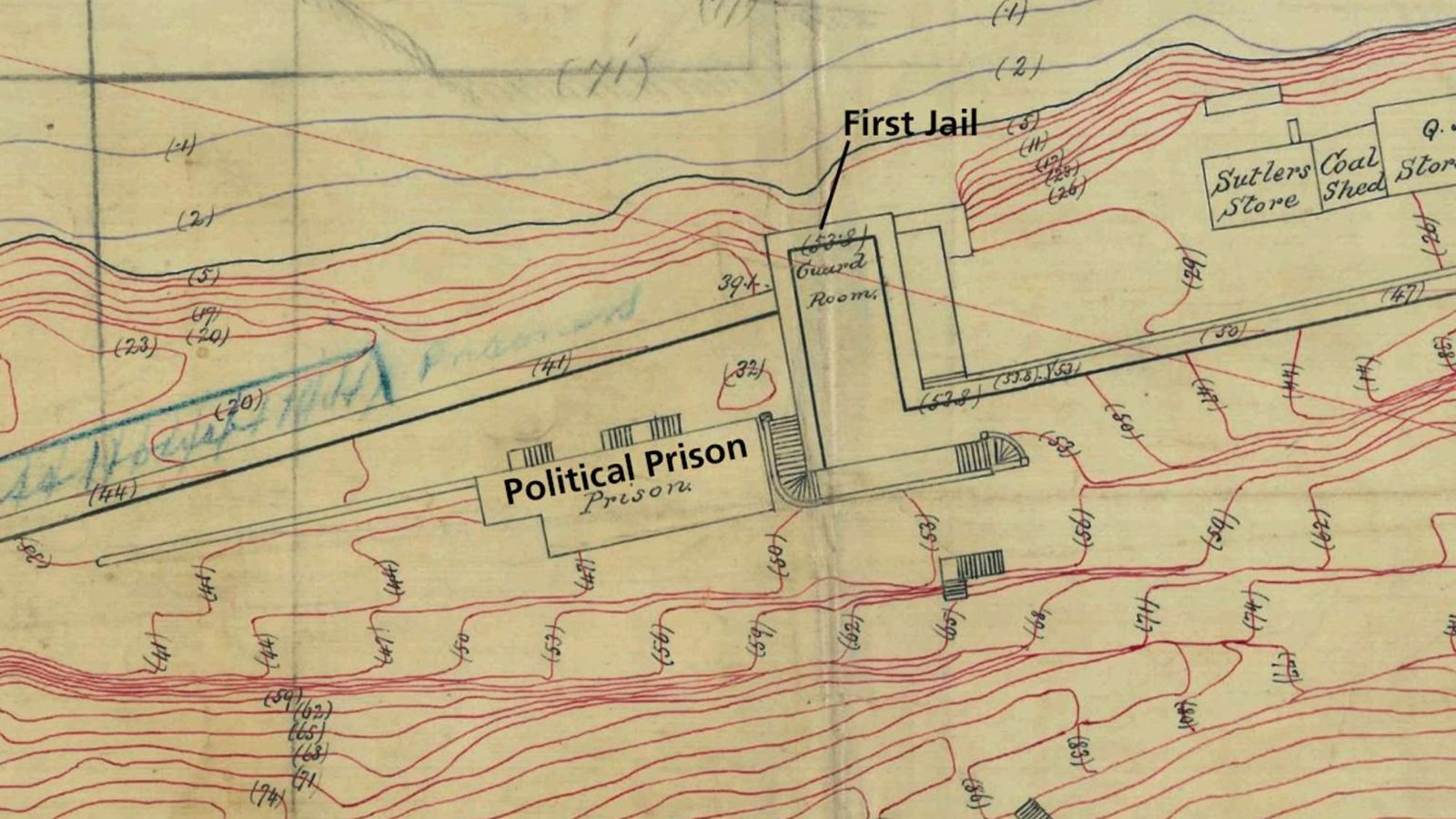 Contour Map with red lines denoting elevation of the site plan on Alcatraz Island