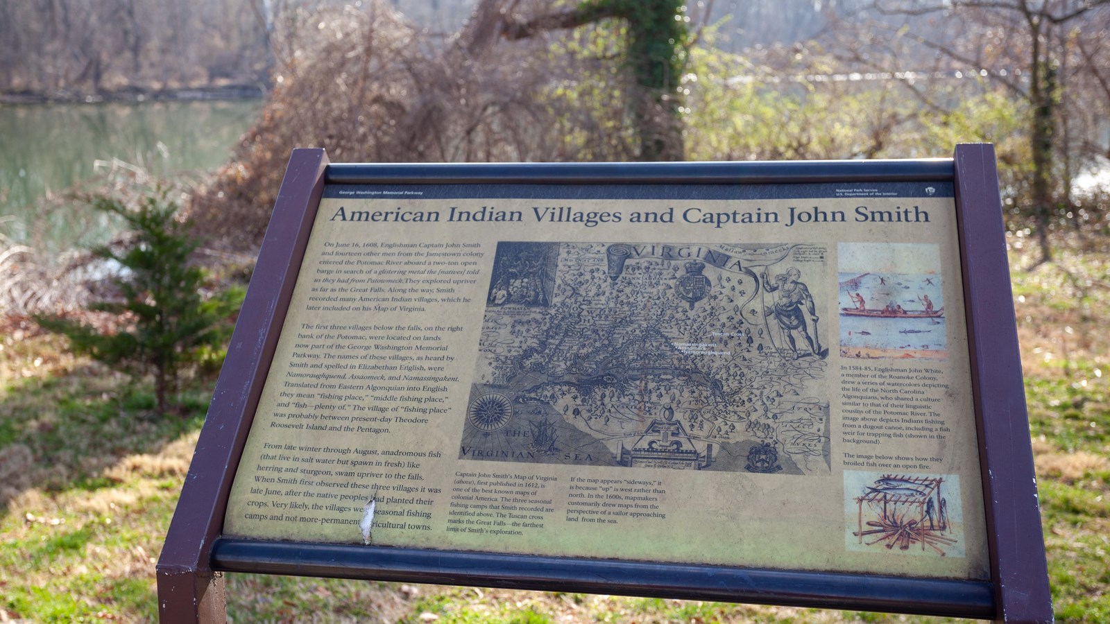 Wayside with text about Indian Villages and Caption John Smith in front of a river and trees