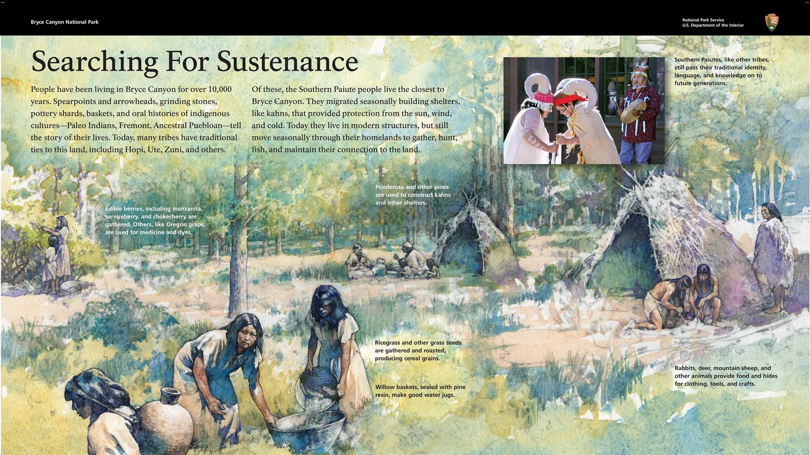 A wayside exhibit giving insight to the people before us: Fremont, ancestral Puebloan, Paiute.