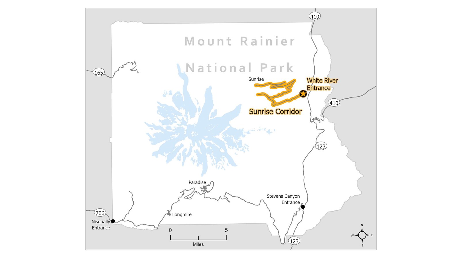 A simplified map of Mount Rainier National Park with the Sunrise Corridor highlighted.