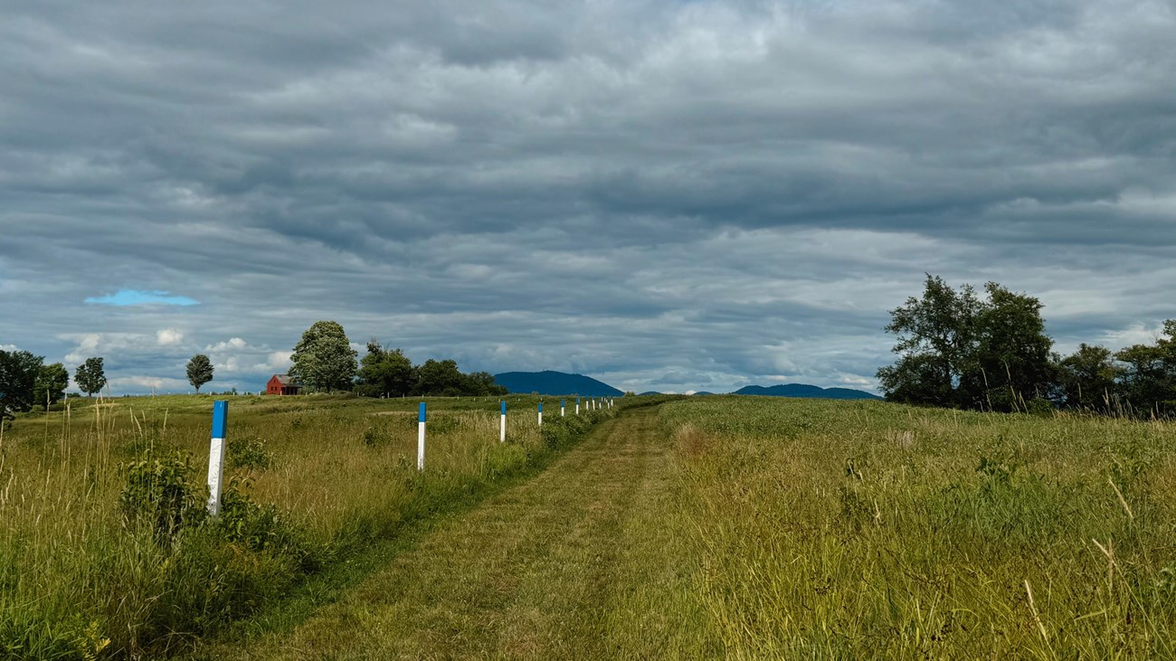 A mowed path cuts through a field. A red house and mountains are in the background.