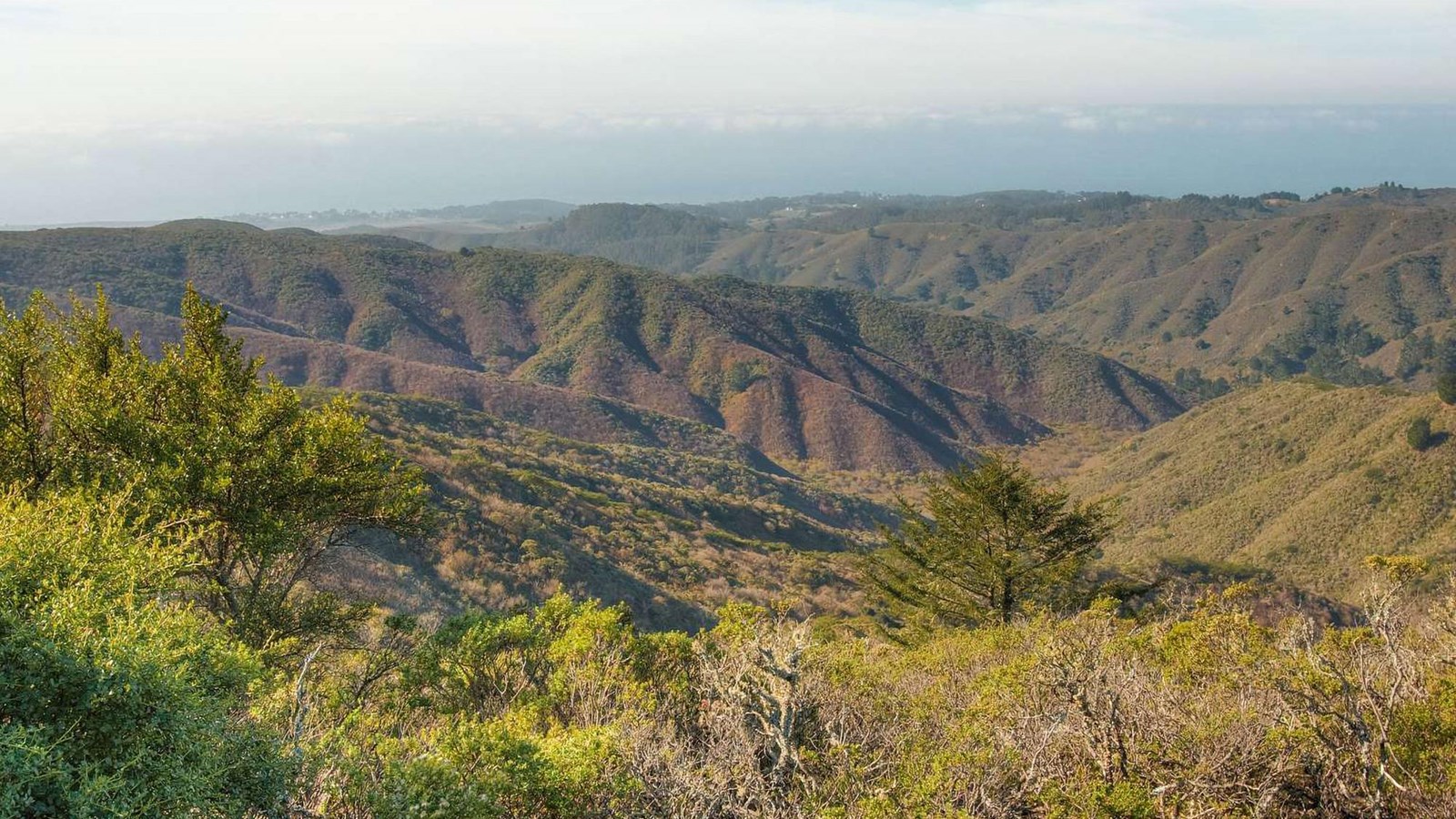 The dramatic view atop Rancho Corral de Tierra, with dark brown ridge lines giving way to the ocean 