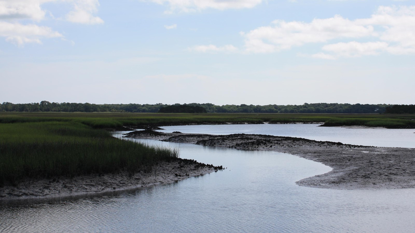 a blue sky and saltmarsh
