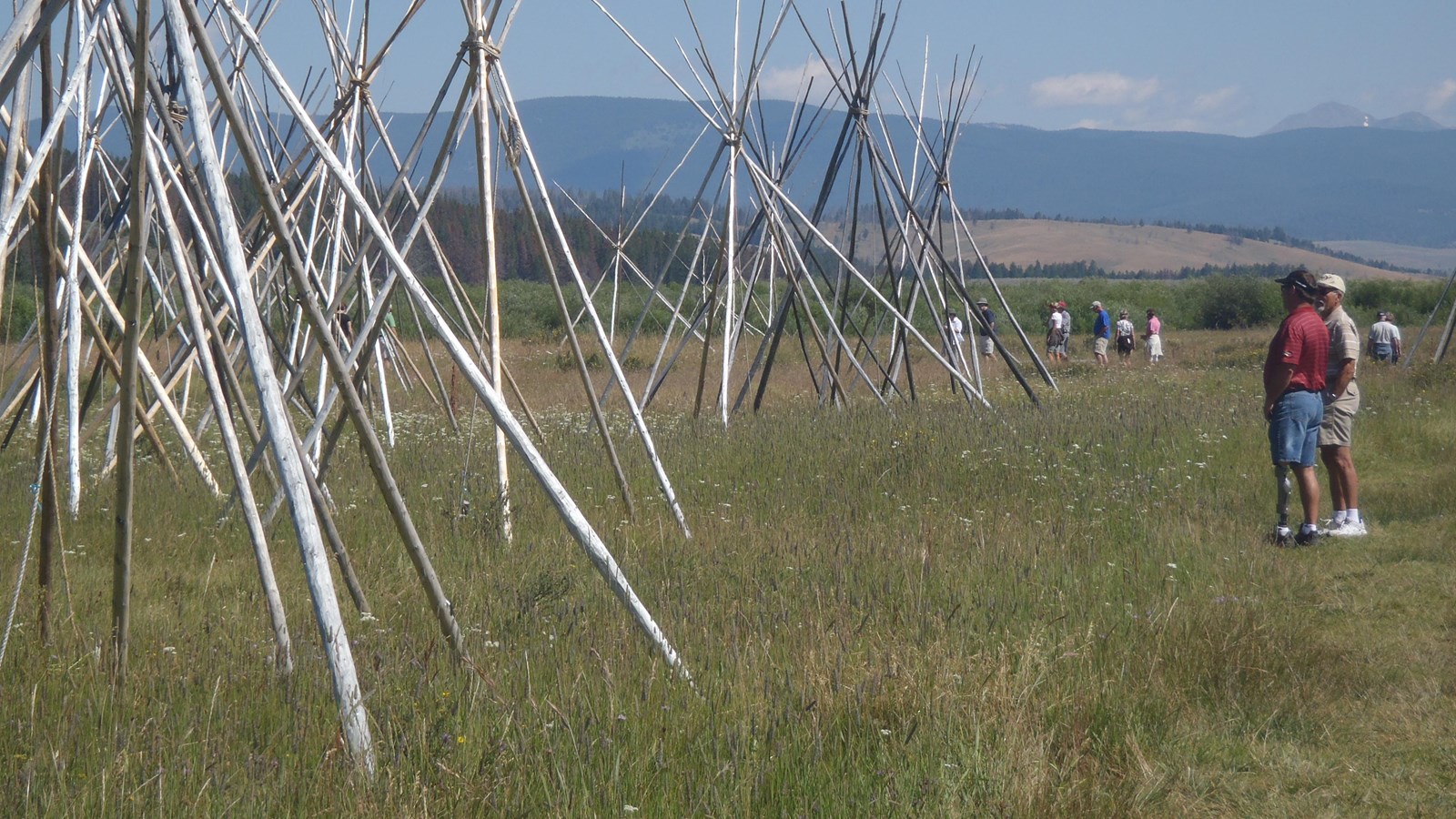 Visitors walking along trail surrounded by tipi frames. 
