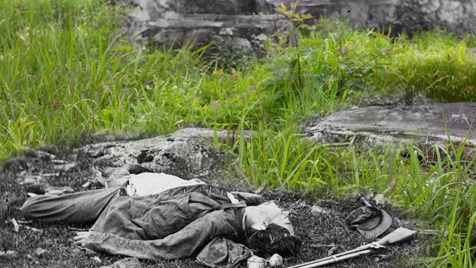 A historic image of a dead Confederate soldier overlayed on a modern image of the location.