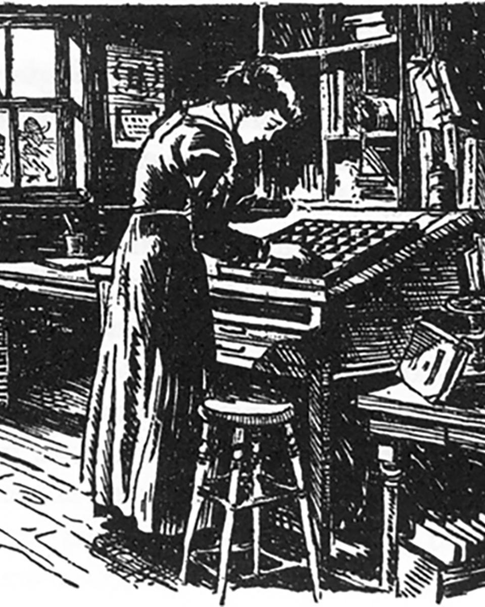 Illustration depicts a woman working at a paper press. 