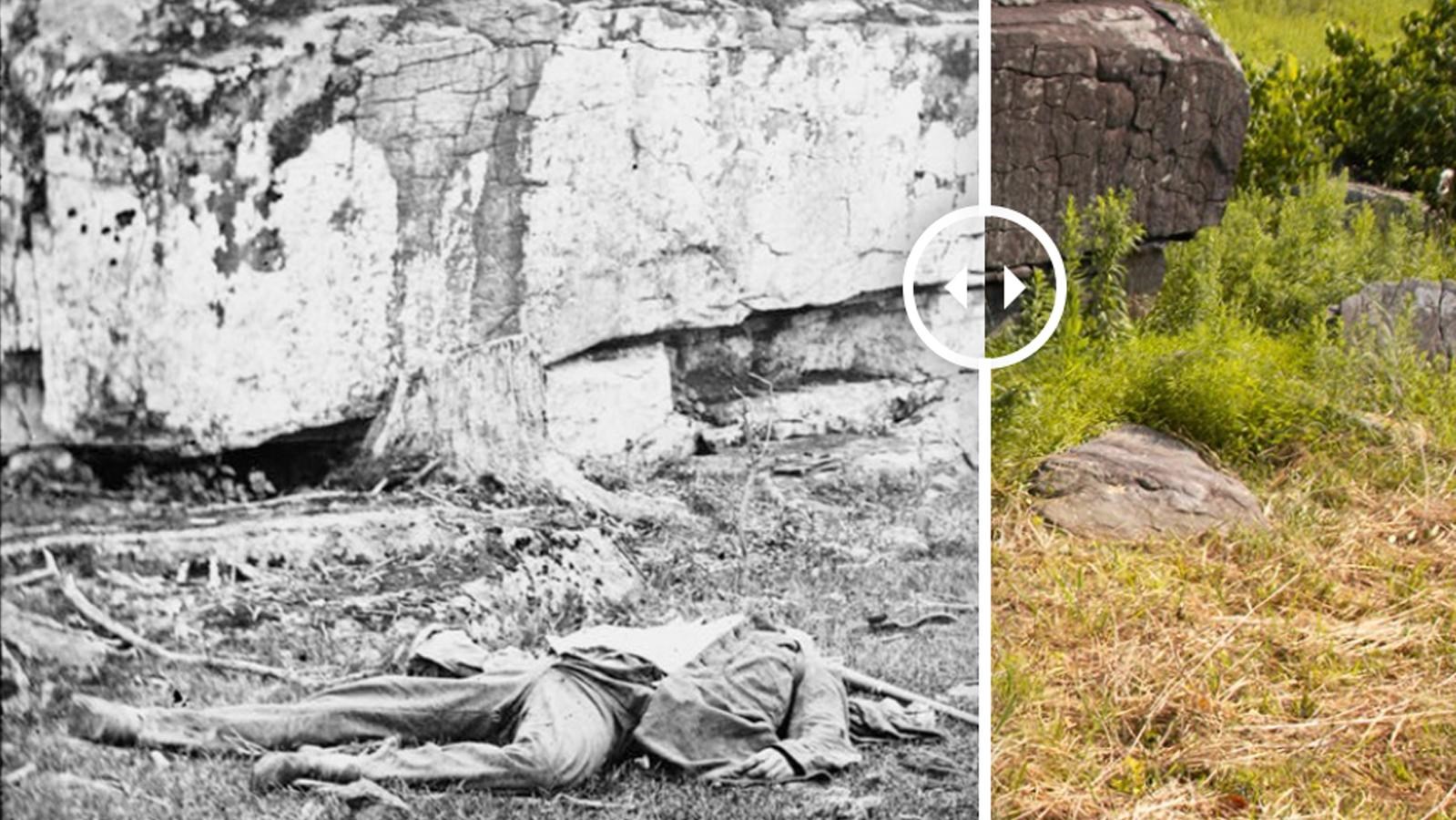 A historic photograph of dead soldiers overlayed on a modern image of the location.