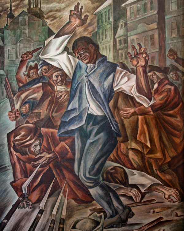 Painting of Crispus Attucks being shot at the Boston Massacre