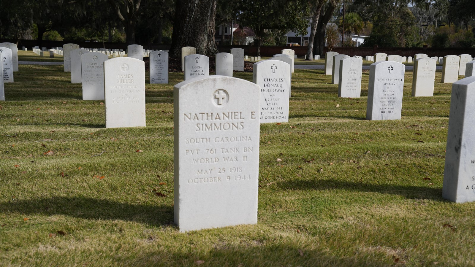 White headstones perfectly lined up on green grass under live oak trees.