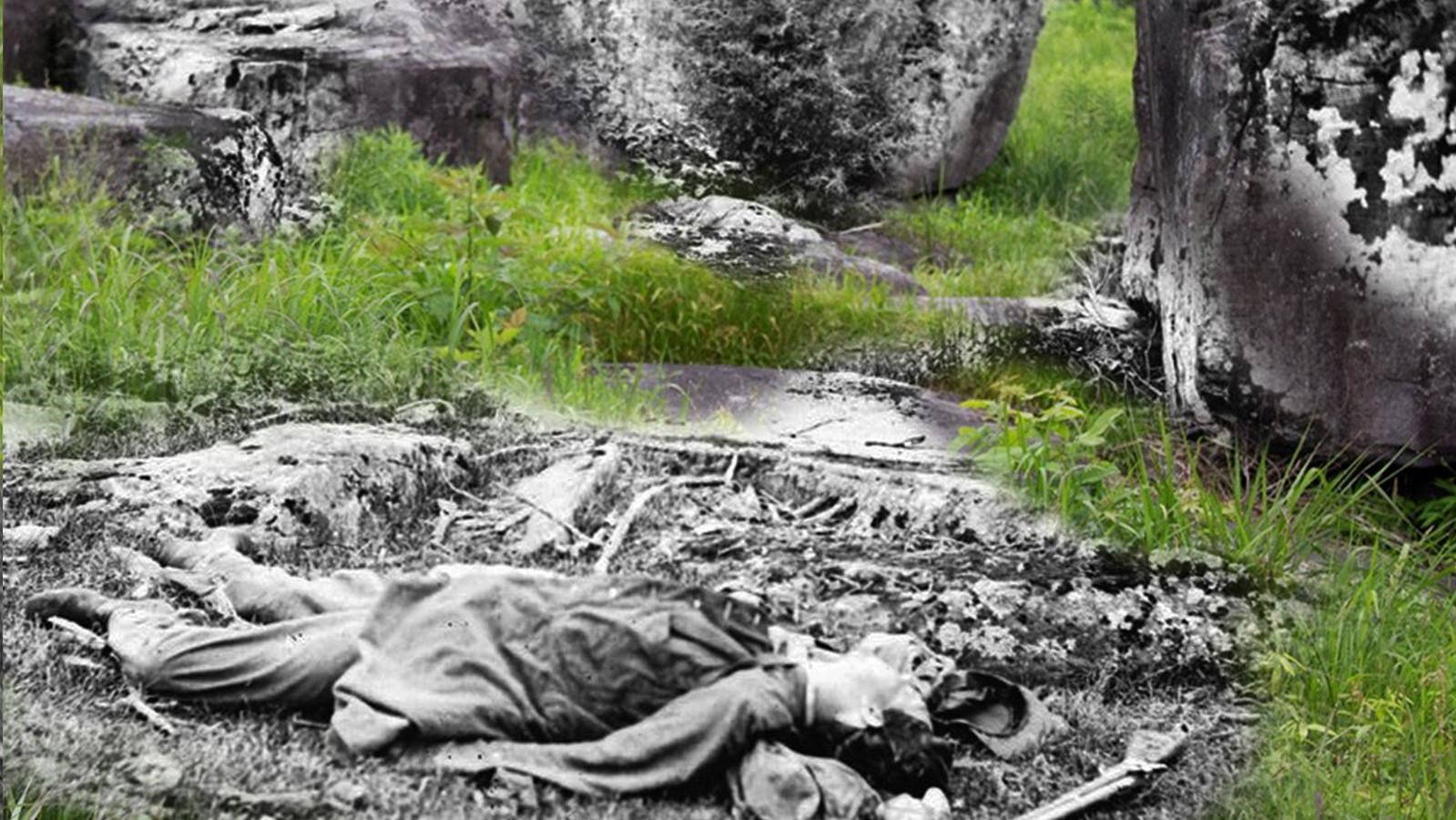 A historic image of a dead Confederate soldier overlayed on a modern image of the location.