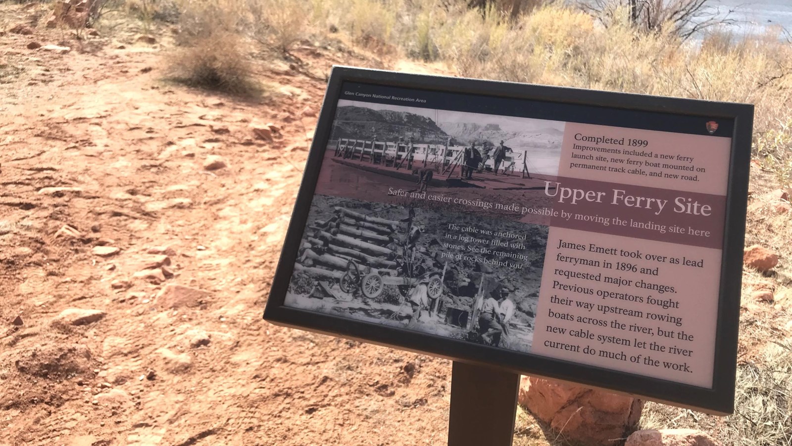 Interpretive sign near river at Lees Ferry