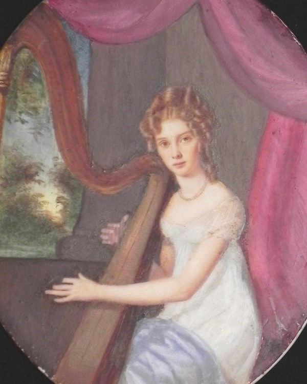 Oil painting of a young girl with blonde hair and pale skin, wearing a white gown, playing the harp.
