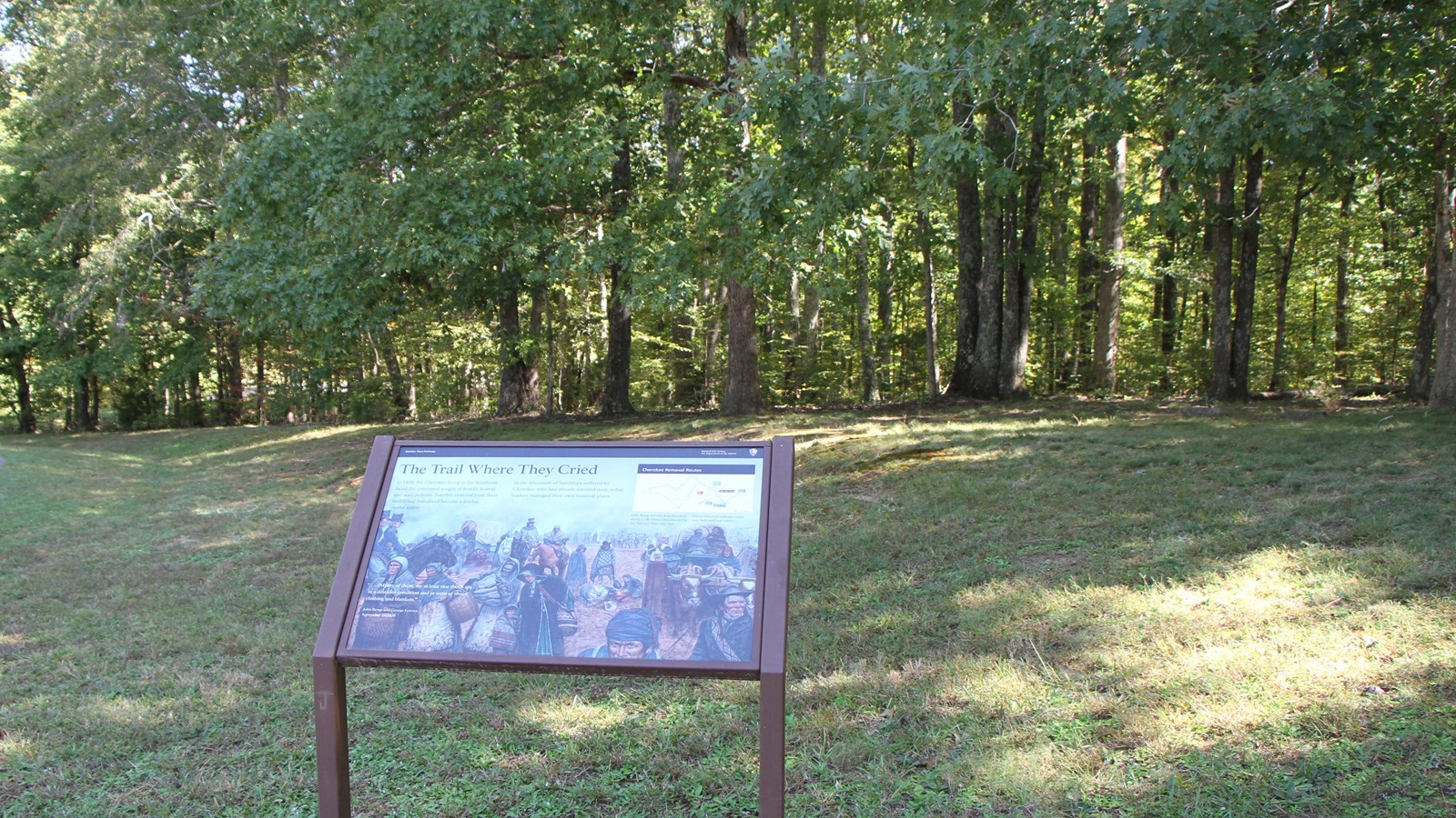 information panel in foreground about Trail of Tears. Grass area and then forest are behind wayside.