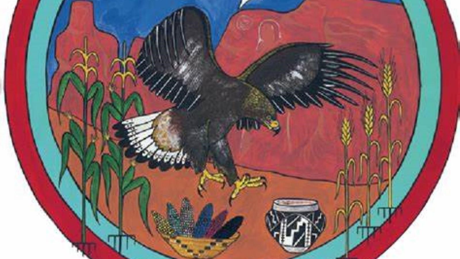 A hand-drawn logo of a golden eagle landing in a red canyon with a blue mountain in the background.
