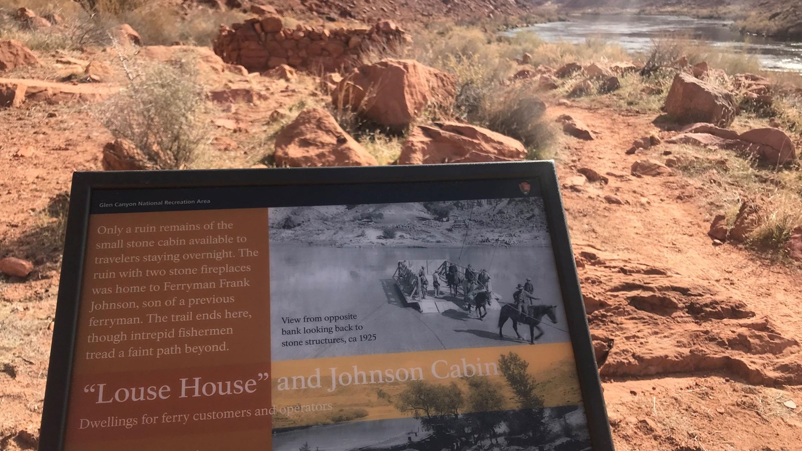 Interpretive sign with image of active river crossing.