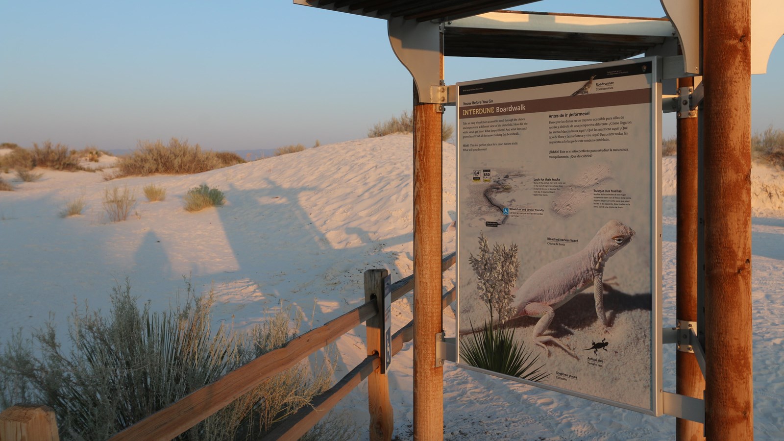 The Interdune Boardwalk kiosk panel just before sunset.