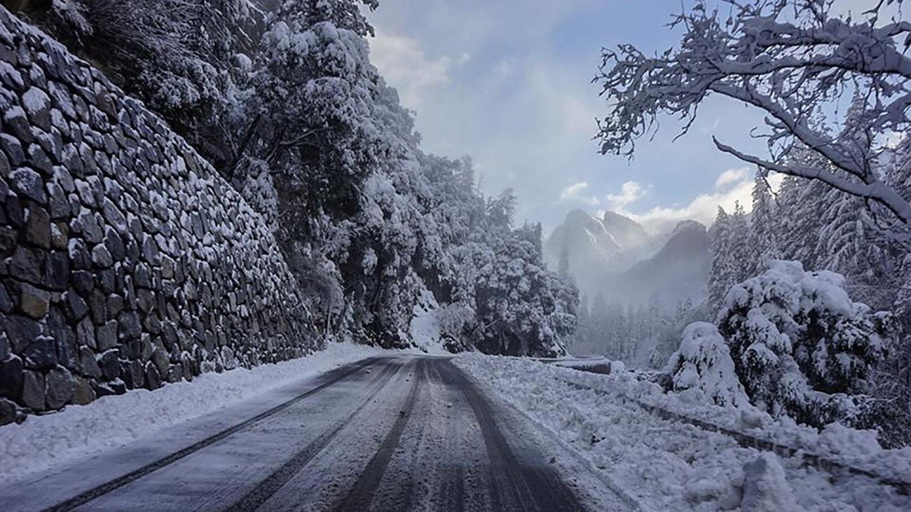 Icy, snowy road in Yosemite