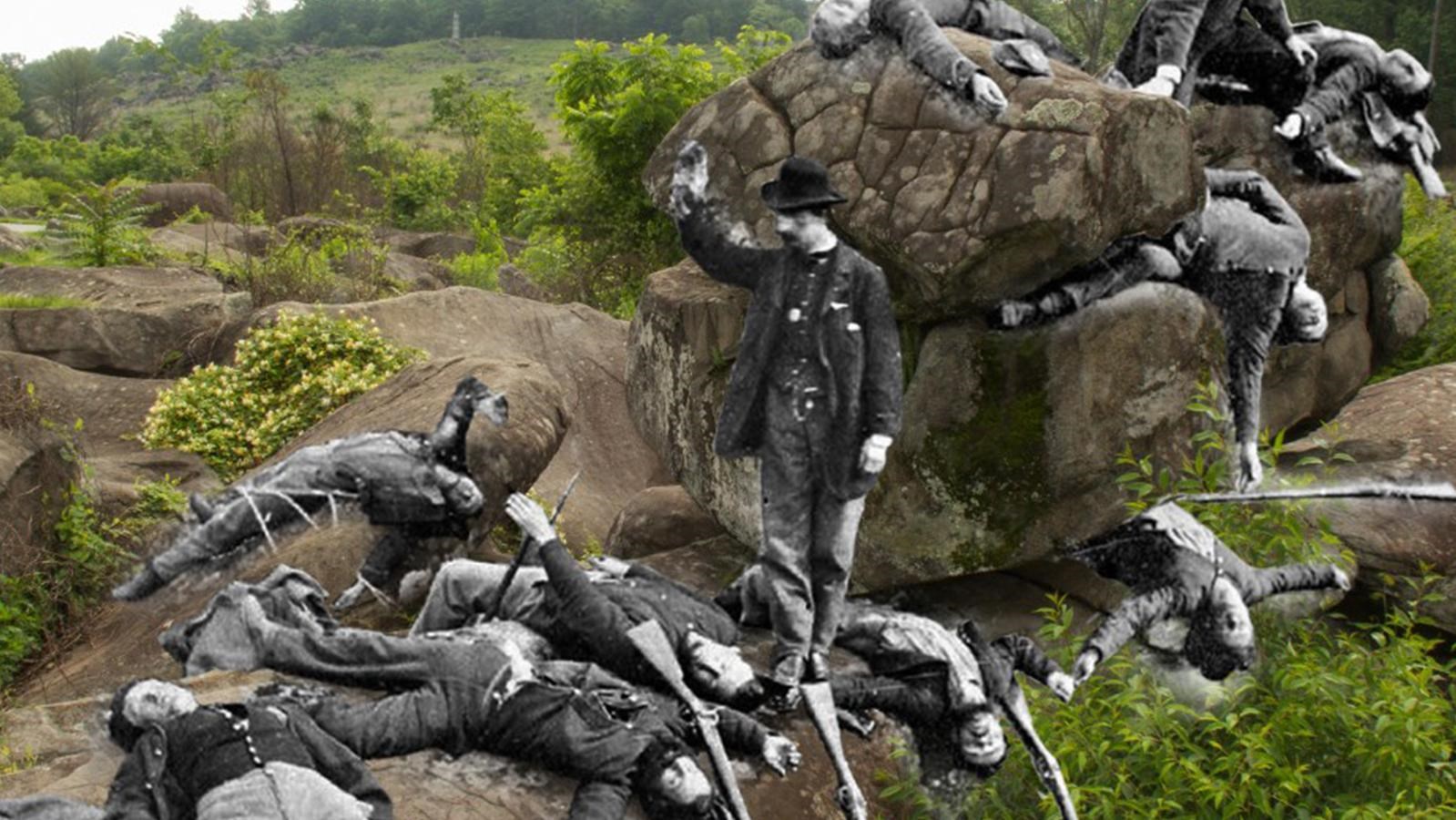 A historic image of posed dead soldiers overlayed on a modern image of the location.